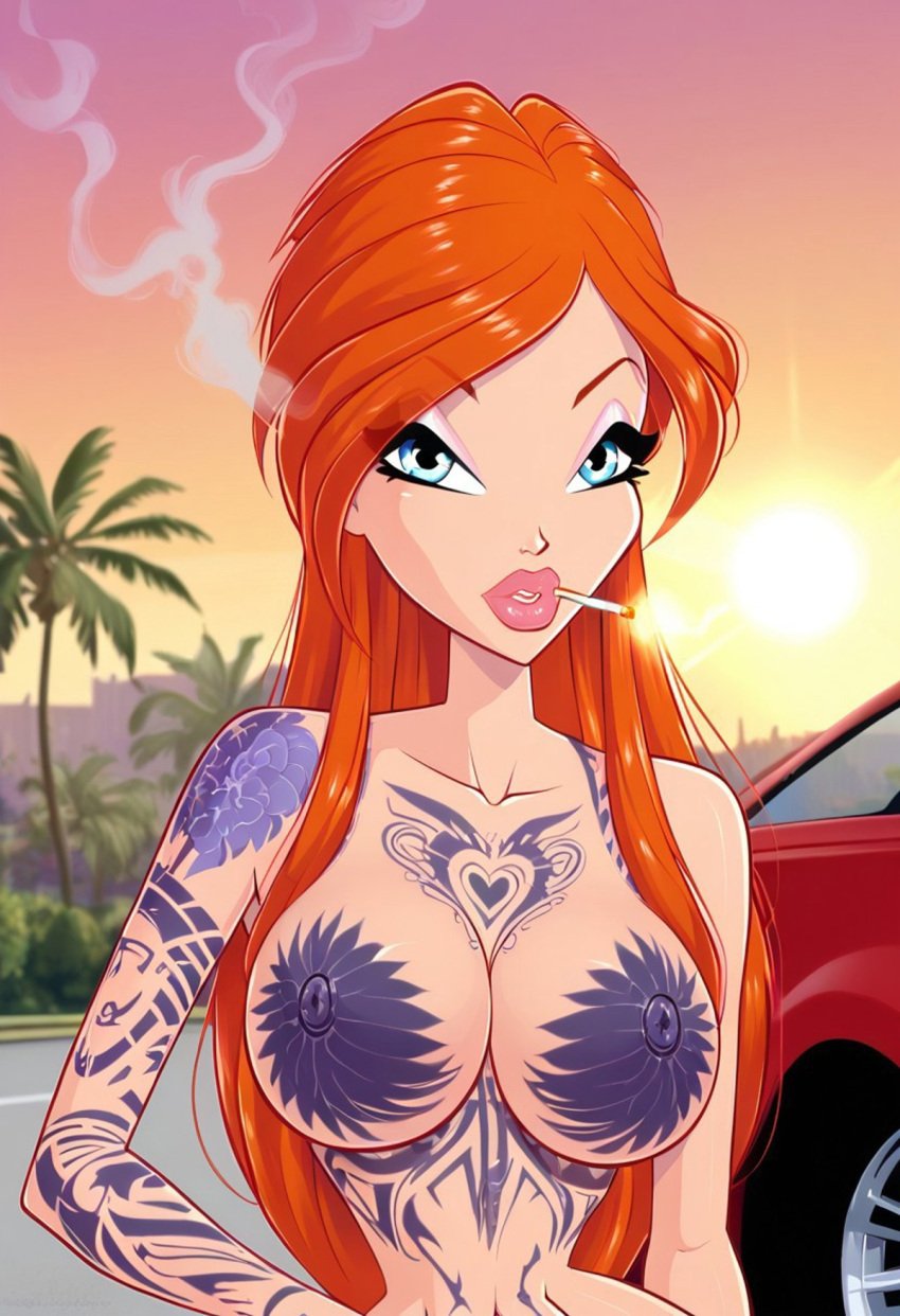 4kids_entertainment ai_generated big_breasts bimbo bloom_(winx_club) blue_eyes detailed_background girl mature_female nickelodeon palms red_hair smoking sun tattoo tattoo_on_chest tattooed_arm uglyspirit winx_club