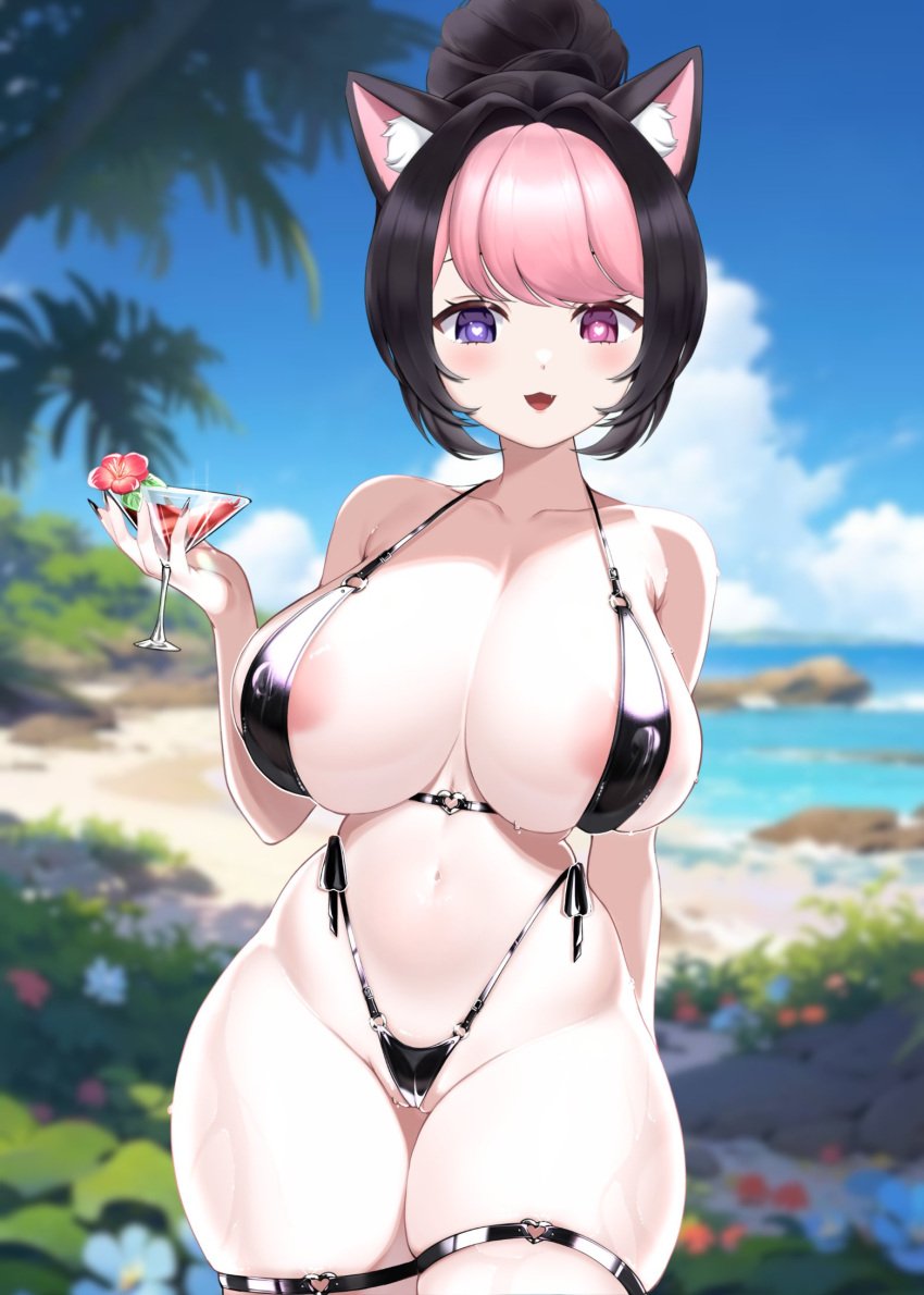 1girls :o beach bikini bikini_bottom bikini_top blush breasts cameltoe cat_ears cat_girl catgirl cleavage darlingstrawb erotic_costume erotic_swimwear female female_focus female_only fingernails forestfox66 heart heart-shaped_pupils heart_eyes high_waisted_thong hips hips_wider_than_shoulders holding holding_drink holding_glass_cup holding_object huge_breasts large_breasts looking_at_viewer micro_bikini model nail_polish nipples nipples_covered nipples_visible_through_bikini nipples_visible_through_clothing official_edit outdoors pink_eyes pink_hair purple_eyes pussy_lips pussy_peek revealing_clothes revealing_swimsuit sexy_beach summer swimsuit thick thick_thighs thighs thong tight_swimsuit virtual_youtuber visible_nipples visible_pussy vtuber wet wet_skin wide_hips wine_glass