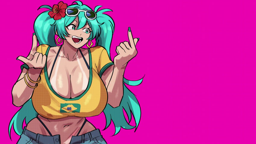 animated big_breasts big_thighs blue_hair brazil brazilian brazilian_female brazilian_flag brazilian_miku dancing dark_skin geulimykun_(skbyunea413) hatsune_miku huge_breasts shorts sunglasses tanned tanned_female tanned_skin twintails vocaloid