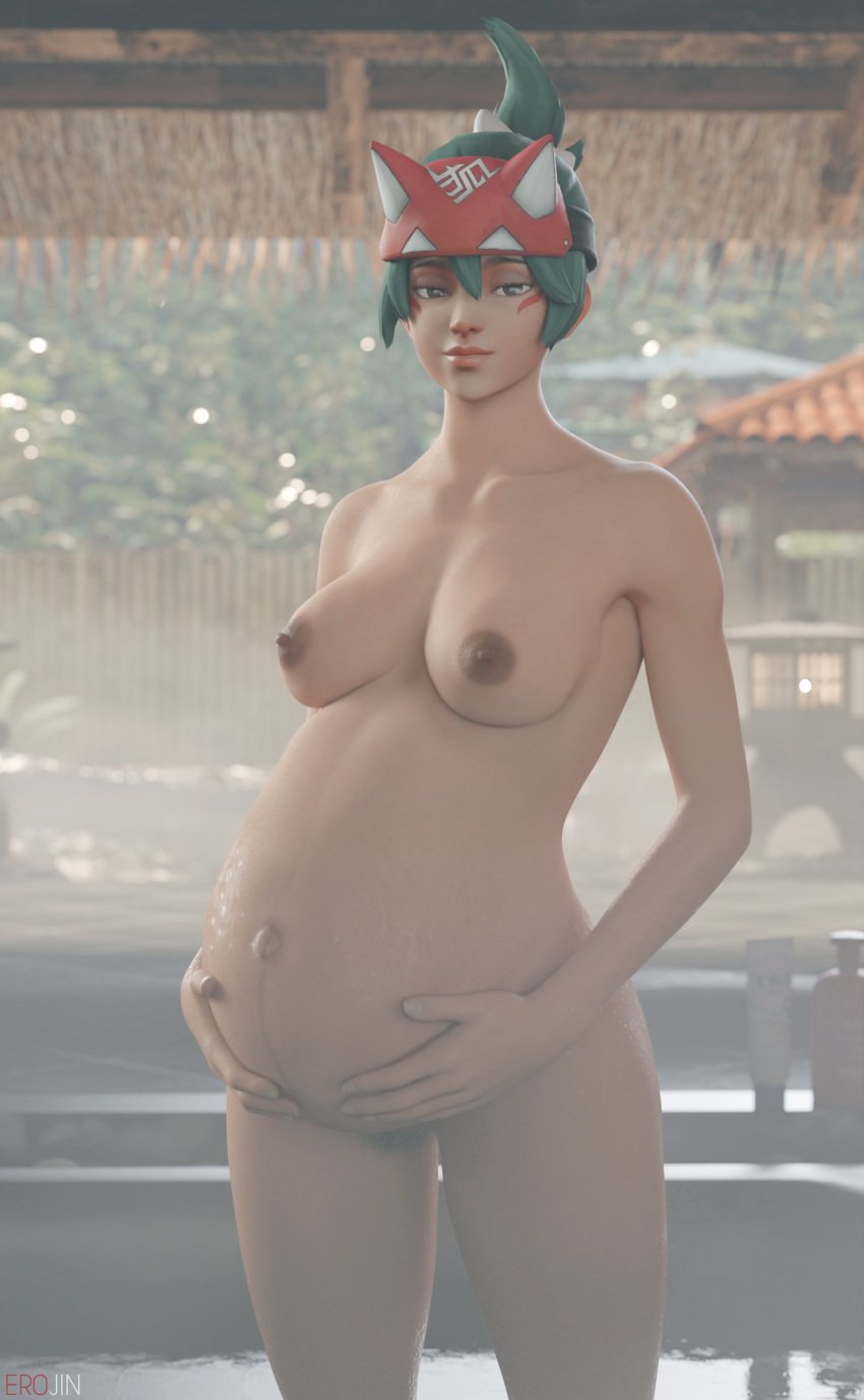 1girls 3d blizzard_entertainment erojin female female_focus female_only kiriko_(overwatch) large_breasts naked overwatch overwatch_2 pregnancy pregnant pregnant_female