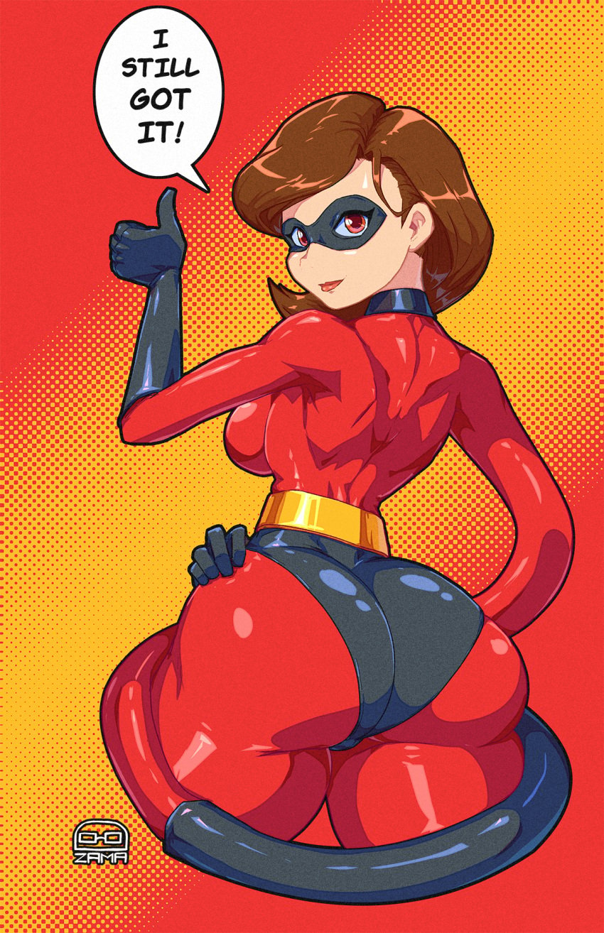 1girls ass ass_focus back back_view big_ass big_breasts big_butt brown_eyes brown_hair clothed clothing color disney elastigirl english_text female female_focus female_only helen_parr hi_res large_breasts light-skinned_female light_skin looking_at_viewer pixar short_hair solo solo_female suit tacozama tagme text text_bubble the_incredibles thick_thighs