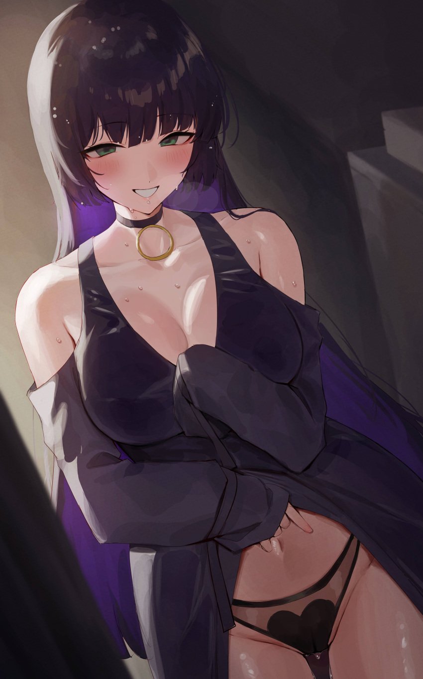absurdres bare_shoulders black_hair blush bocchi_the_rock! breasts chin_piercing cleavage collarbone colored_inner_hair female green_eyes highres large_breasts long_hair looking_at_viewer multicolored_hair navel pa-san purple_hair rororo smile solo stomach sweat thigh_gap thighs underwear