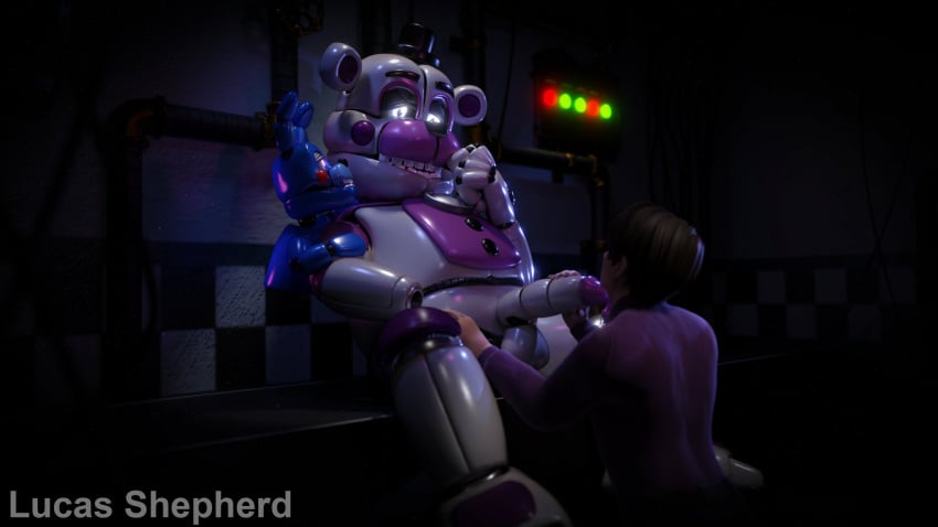 2023 3d 3d_(artwork) about_to_do_blowjob animatronic animatronics arched_back bear blue_body brown_hair bunny clothed color colored dick eyes_half_open five_nights_at_freddy&#039;s five_nights_at_freddy&#039;s:_sister_location fnaf funtime_freddy funtime_freddy_(fnafsl) gay glowing_eyes half-closed_eyes half-lidded_eyes half_lidded_eyes hand_on_leg hand_on_penis hand_on_thigh human legs_apart looking_at_another lucasgshep male male_only michael_afton on_knees penis penis_out puppet_bonnie_(fnafsl) purple_shirt rabbit robot robot_penis short_hair sitting sitting_down white_body