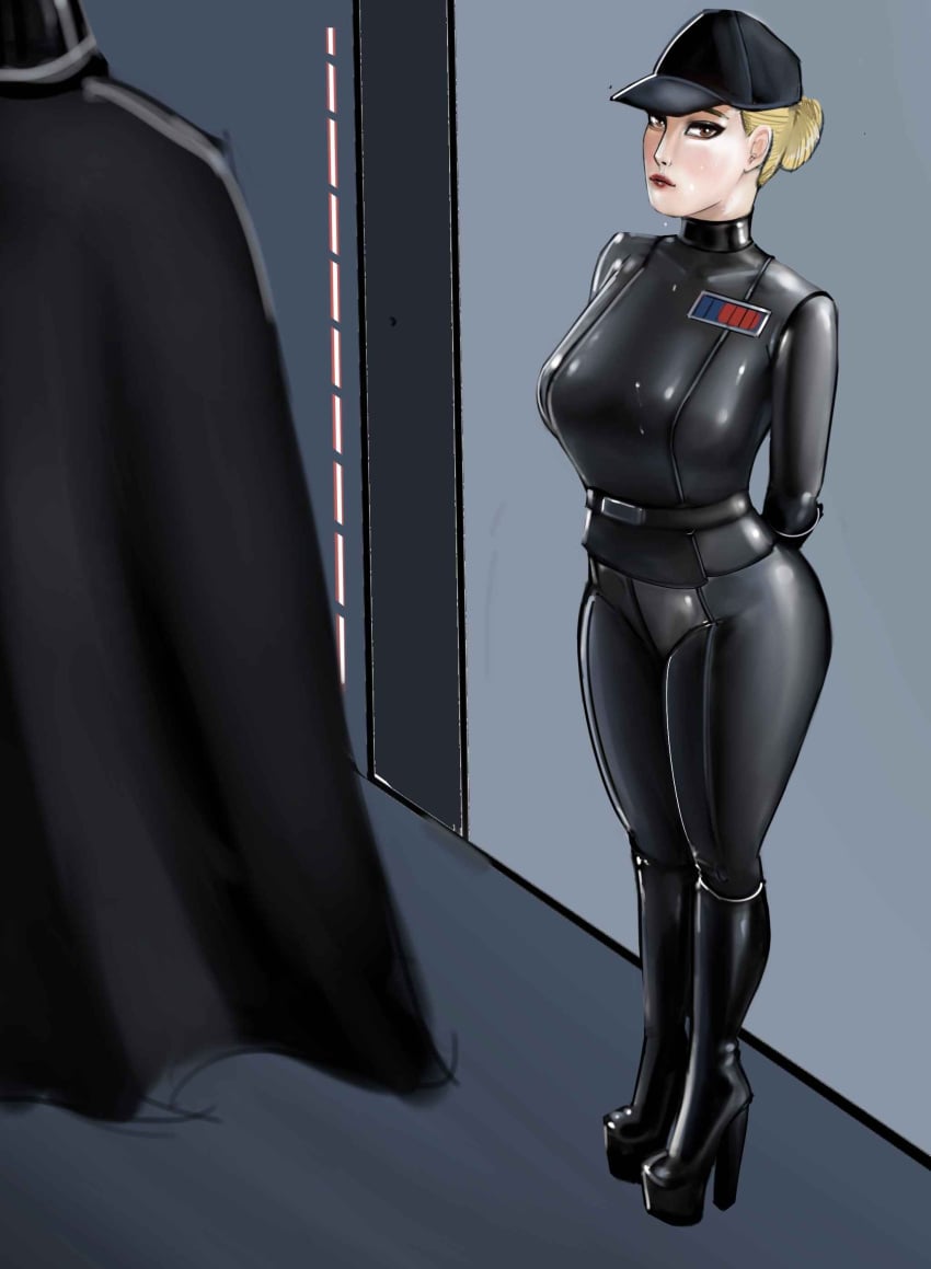 1girls anakin_skywalker arms_behind_back belt big_breasts black_clothing blonde_hair boots cap cape curvy curvy_female curvy_figure darth_vader female footwear full_body gloves hair hat headgear heel_boots heels high_heels imperial_officer iron_doomer knee_boots latex latex_armwear latex_bodysuit latex_gloves latex_legwear latex_suit latex_thighhighs light-skinned_female light_skin lips lipstick long_gloves looking_at_viewer military military_uniform platform_heels pose red_lipstick shiny_clothes shiny_skin shoes standing star_wars thick_thighs tied_hair uniform