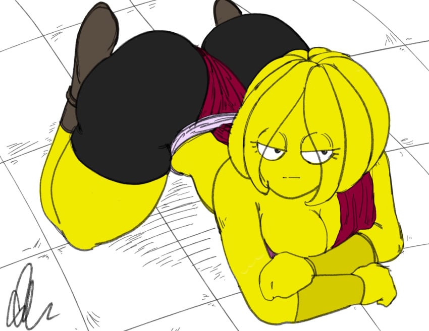 artist_request ass black_eyes black_spats cleavage clothed commission dragon_ball dragon_ball_xenoverse female_majin on_elbows on_knees original_character solo yellow_skin