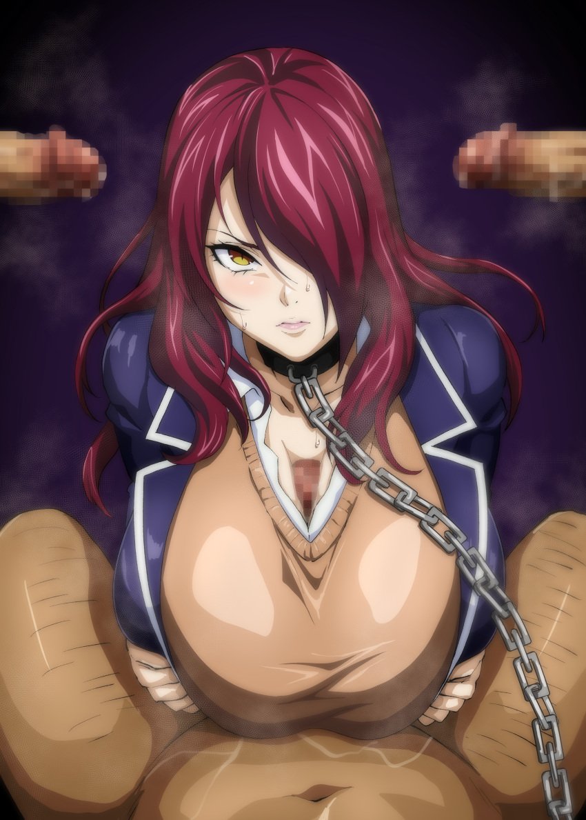 3boys absurdres blazer blue_jacket breasts brown_sweater_vest censored chain chain_leash chained chains clothed_female_nude_male collar collar_and_leash commentary_request dark_background female glaring hair_over_one_eye highres iwao178 jacket kobayashi_rindou large_breasts leash leash_and_collar long_hair looking_at_viewer mosaic_censoring multiple_boys nude paizuri paizuri_under_clothes penis pov red_hair school_uniform shirt shokugeki_no_souma slit_pupils straight surrounded_by_penises sweater_vest tip_peeking tootsuki_saryou_ryouri_gakuen_uniform white_shirt yellow_eyes