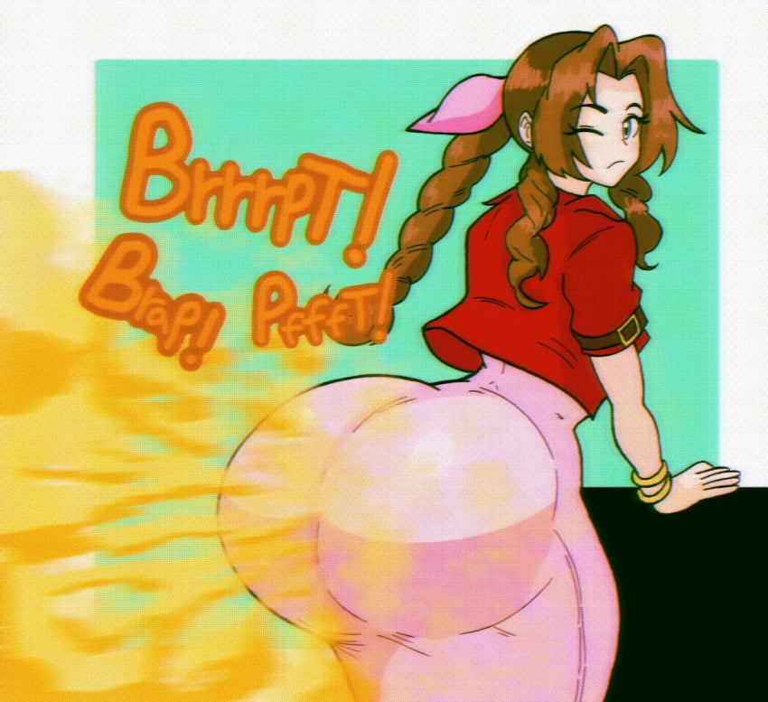 1girls aerith_gainsborough ass big_ass brown_hair bubble_butt clothed clothing dress fart fart_cloud fart_fetish female final_fantasy_vii green_eyes hair_ornament onomatopoeia simple_background solo text zaemonbrap