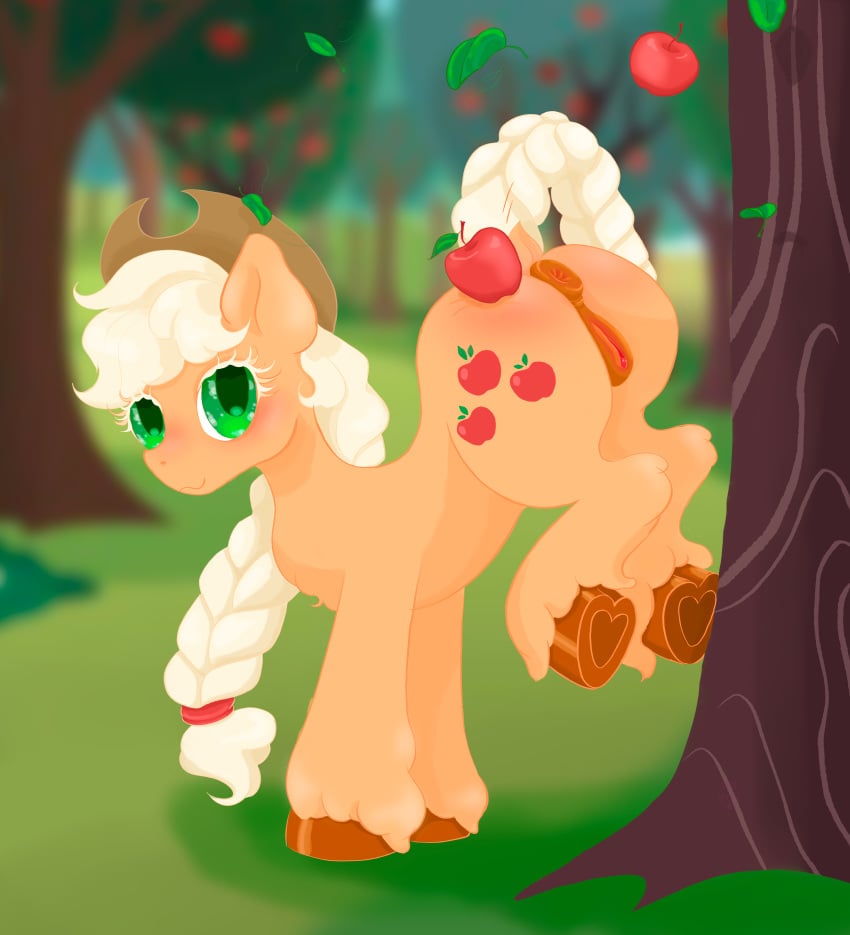 2024 2d absurd_res anus apple applejack_(mlp) ass ass_blush blush braided_hair braided_ponytail butt_touch clothing cowboy_hat cutie_mark darkened_genitalia digital_media_(artwork) dock_(anatomy) earth_pony equid equine falling_leaves female feral fetlocks food friendship_is_magic fruit full_color g4 genitals green_background green_eyes hair hair_bun hasbro hat headgear headwear heart_symbol hi_res holding_apple holding_food holding_fruit holding_object hooves horse kick leaf looking_at_viewer mammal melassa my_little_pony no_penetration nude plant pony ponytail puffy_anus pussy quadruped simple_background solo solo_female tail tree underhoof