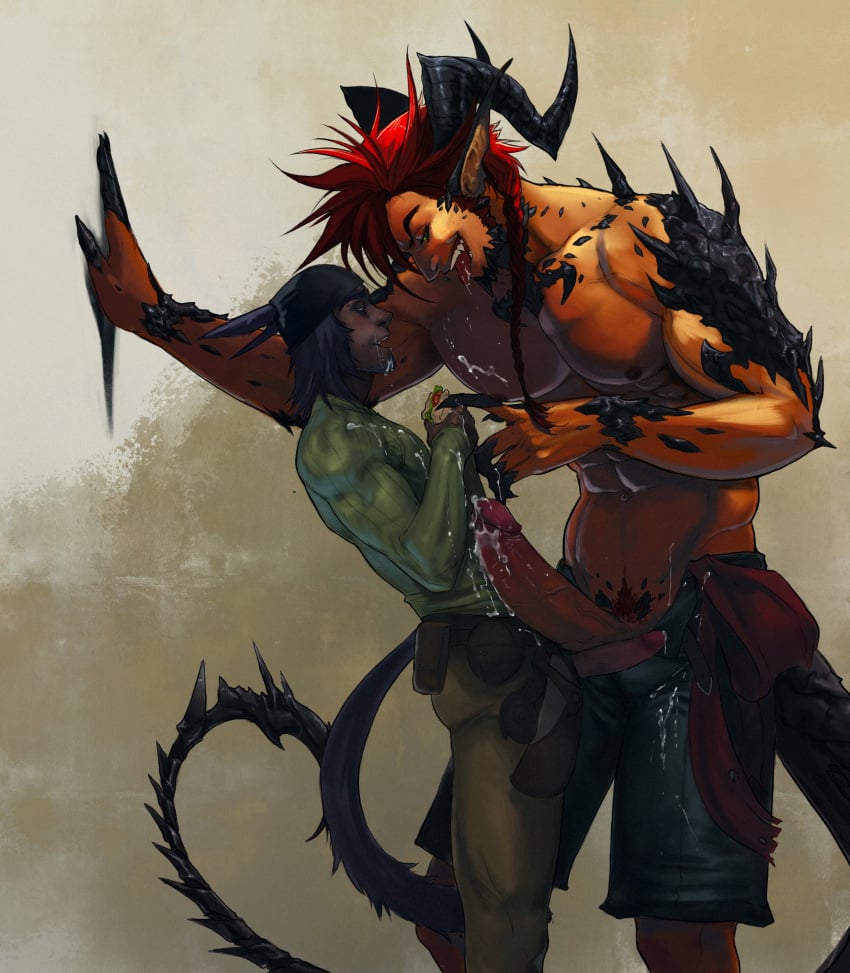 2boys abs animal_ears au_ra big_dom_small_sub claws cocky cum cum_on_clothes dominant dominant_male domination erection final_fantasy final_fantasy_xiv fully_clothed gay holding_food horn kabedon leaning_back leaning_forward looking_down male male_only miqo&#039;te mischievous_smile muscular muscular_arms muscular_chest naughty_face nipples open_pants pecs penis playful purple_hair red_hair scales scalie size_difference skin_tight smile smirk standing tail tavsardon tight_clothing tongue tongue_out topless yaoi