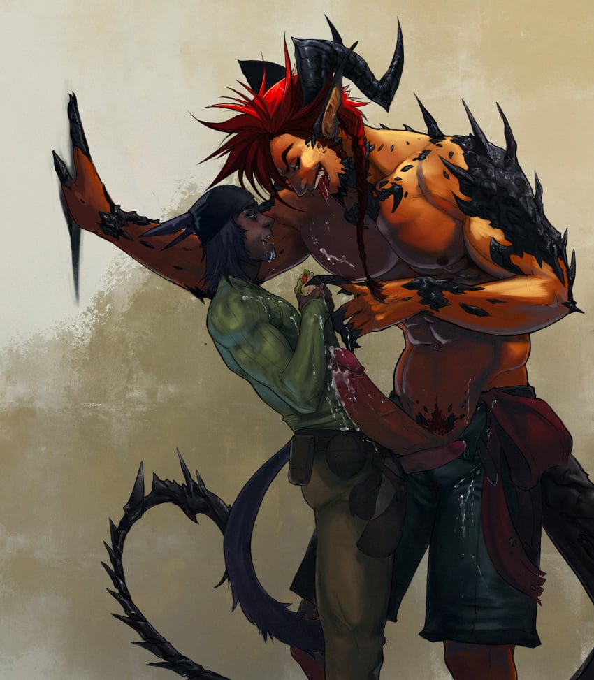 2boys abs animal_ears au_ra big_dom_small_sub claws cocky cum cum_on_clothes dominant dominant_male domination erection final_fantasy final_fantasy_xiv fully_clothed gay holding_food horn kabedon leaning_back leaning_forward looking_down male male_only miqo'te mischievous_smile muscular muscular_arms muscular_chest naughty_face nipples open_pants pecs penis playful purple_hair red_hair scales scalie size_difference skin_tight smile smirk standing tail tavsardon tight_clothing tongue tongue_out topless yaoi