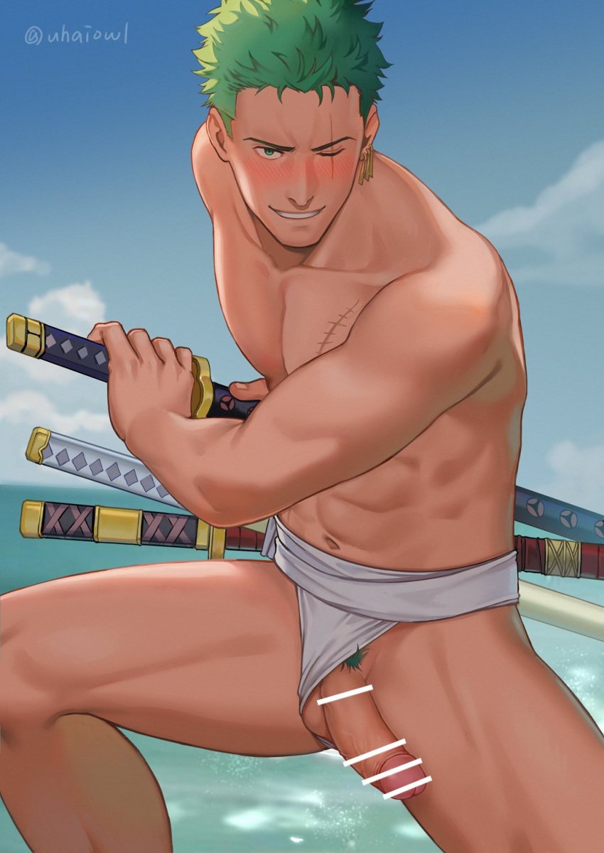 1boy abs artist_name balls ballsack bar_censor bara biceps big_balls big_penis blush censor_bar censored censored_penis colored_pubic_hair cowboy_shot day earrings embarrassed erection fighting_stance foreskin foreskin_folds fundoshi gay green_eyes green_hair grin highres holding holding_sword holding_weapon human intact japanese_clothes jewelry katana male male_nipples male_only male_pubic_hair male_underwear muscles muscular muscular_arms muscular_legs muscular_male muscular_thighs navel nipples nude ocean one_eye_closed one_piece outdoors pecs pectorals penis penis_out penis_slip pubic_hair retracted_foreskin rokushaku_fundoshi roronoa_zoro scar scar_across_eye scar_on_chest scar_on_face scrotum seaside short_hair sideburns single_earring smile smooth_skinned_male solo sword testicle_peek testicles topless_male triple_wielding uhai uhaiowl uncut underwear underwear_only veiny_penis weapon white_fundoshi white_male_underwear yaoi