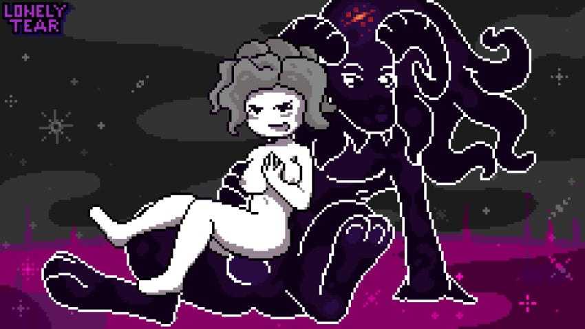 animated anthro black_body blush bounce bouncing_breasts breasts digital_media_(artwork) duo female female_on_anthro genitals gif grabbing_arms hi_res horn humanoid knot lonelytear loop male male/female monster penetration penis pixel_art sex smile space star stomach_bulge wavy_hair white_body