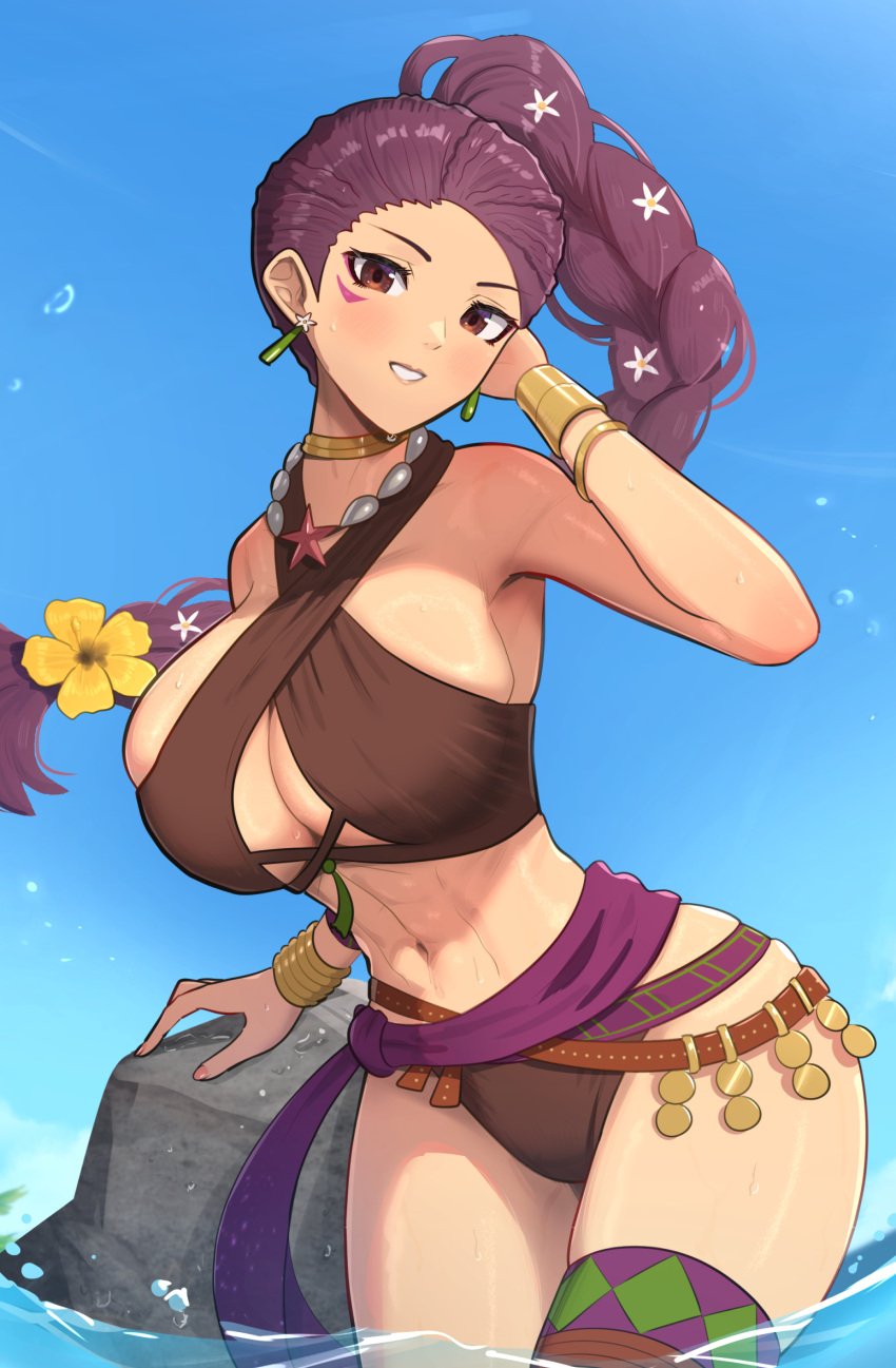 1girls abs alternate_costume bikini blue_sky bracelet breasts brown_bikini brown_swimsuit cleavage day earrings female female_only fire_emblem fire_emblem:_three_houses fire_emblem_heroes gonzarez highres hourglass_figure jewelry large_breasts long_hair looking_at_viewer navel nintendo ocean official_alternate_costume outdoors partially_submerged petra_macneary petra_macneary_(summer) purple_hair skindentation sky solo swimsuit teenage_girl teenager thighs wet wide_hips