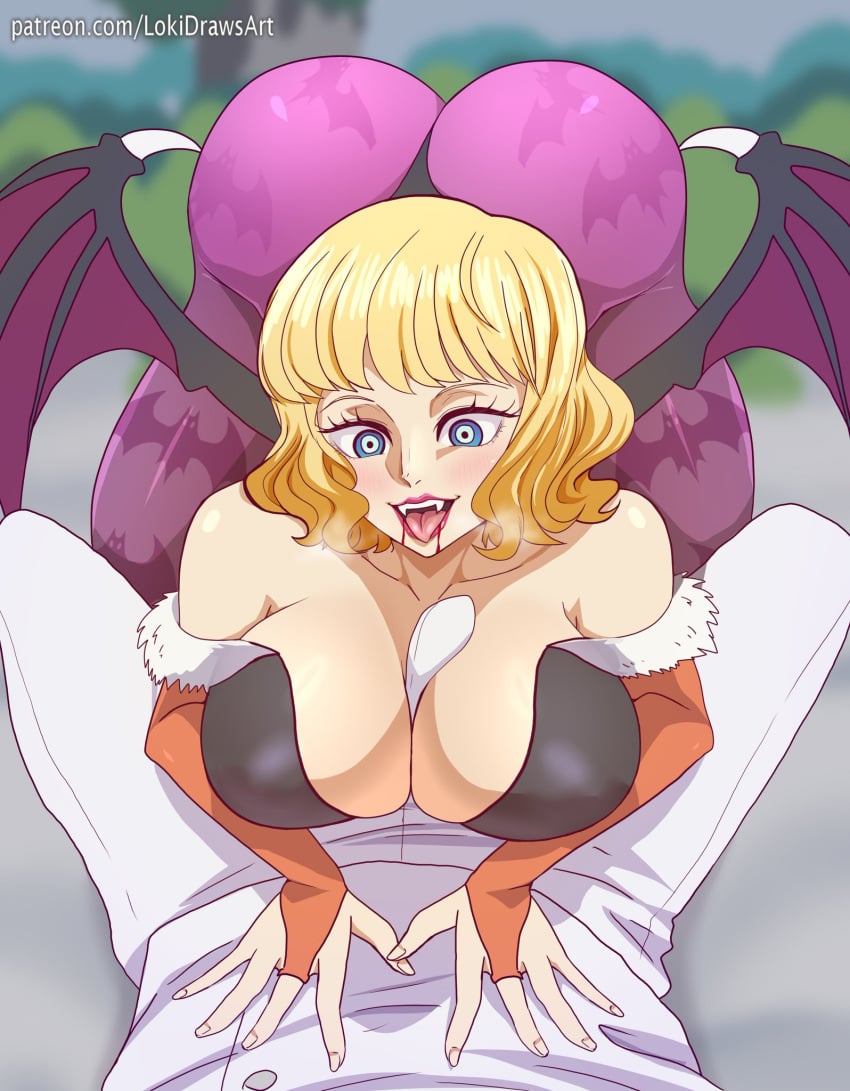 1boy 1girls ass big_ass big_breasts big_butt blonde_hair blue_eyes blush breasts bulge cleavage cosplay darkstalkers fangs female huge_ass huge_breasts large_ass large_breasts lokidrawsart looking_at_viewer male male/female morrigan_aensland_(cosplay) one_piece open_mouth paizuri partial_male penis short_hair shounen_jump straight stussy_(one_piece) titjob vampire vampire_girl wings