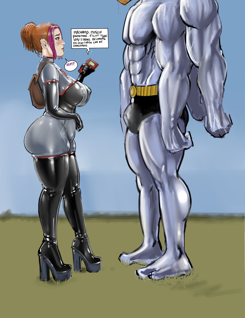 1boy 1girls big_breasts bodysuit comic comic_page female female ginger_(iron_doomer) iron_doomer latex latex_bodysuit latex_boots latex_clothing latex_gloves latex_legwear latex_stockings latex_suit latex_thighhighs pokemon red_hair team_rocket team_rocket_(cosplay) thick_ass thick_thighs