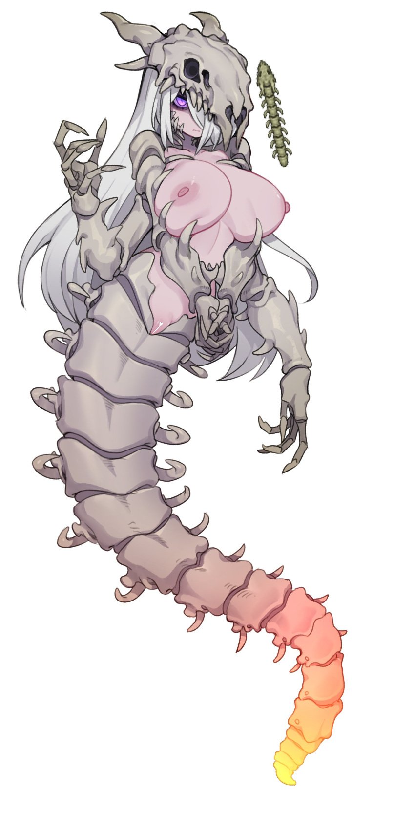 1girls bone bone_serpent_(terraria) breasts censored female four_arms long_hair naga nyong_nyong pale_skin purple_eyes pussy skeleton sprite terraria white_hair