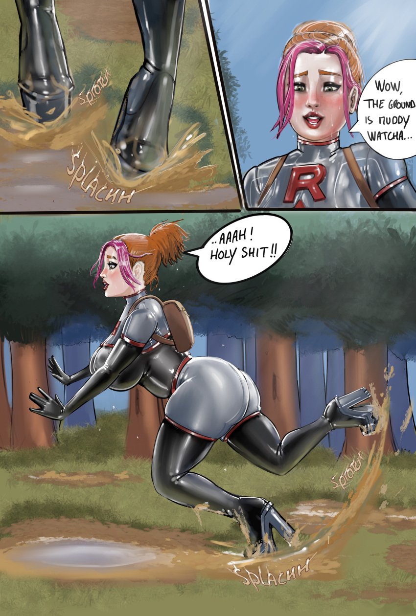 1girls big_breasts bodysuit comic comic_page female ginger_(iron_doomer) iron_doomer latex latex_bodysuit latex_boots latex_clothing latex_gloves latex_legwear latex_stockings latex_suit latex_thighhighs pokemon red_hair team_rocket team_rocket_(cosplay) thick_ass thick_thighs