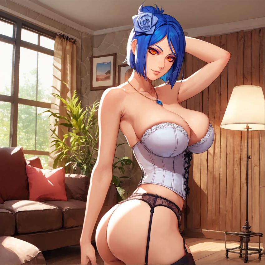 1girls ai_generated alex-schura arm_behind_head ass ass_focus back_muscles back_view bare_legs bare_shoulders bare_thighs big_ass big_breasts blue_hair blush bra breasts corset eyeshadow female female_only fetish flower flower_in_hair garter_belt garter_straps hair_bun huge_ass indoors jewelry konan large_ass large_breasts light-skinned_female light_skin lingerie living_room long_hair looking_at_viewer looking_back looking_back_at_viewer mascara naruto naruto_(series) naruto_shippuden necklace orange_eyes panties pendant pinup pose posing posing_for_the_viewer presenting presenting_ass presenting_hindquarters rear_view round_ass shoulder_length_hair sideboob solo solo_focus spreading standing stockings tied_hair underwear underwear_only upper_body very_long_hair white_lingerie