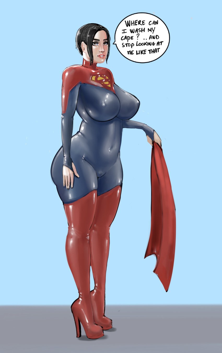1girls big_ass big_breasts black_hair bodysuit cape female fit fit_female high_heels iron_doomer latex latex_bodysuit latex_suit marvel marvel_comics short_hair skintight skintight_bodysuit supergirl thick_ass thick_thighs tomboy very_high_heels