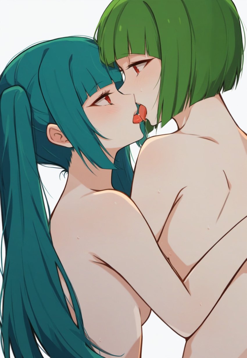 2girls ai_generated amaterasu_(sister&#039;s_story) aqua_hair back bangs blunt_bangs blunt_ends blush bob_cut breasts convenient_arm eye_contact female female/female female_only french_kiss from_side green_hair hand_on_another&#039;s_back incest kissing long_hair looking_at_another masa_works_design medium_breasts milua multiple_girls nude open_mouth pony_diffusion_xl profile red_eyes saliva self_upload short_hair siblings sideboob sidelocks simple_background sister&#039;s_story sisters tongue tongue_out tsukuyomi_(sister&#039;s_story) twincest twins twintails upper_body white_background yuri