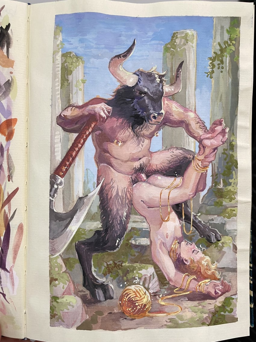 2boys anal anal_sex anthro barefoot big_penis domination erect_penis erection european_mythology feet femboy gay gay_anal gay_domination gay_sex greek_mythology huge_cock interspecies large_penis male male/male male_only minotaur monster_on_femboy muscular muscular_male mythology nightmare_husbando nipple_piercing nipples octoerotic outdoor_sex outdoors outside penis public_domain ruins submissive upside-down yaoi