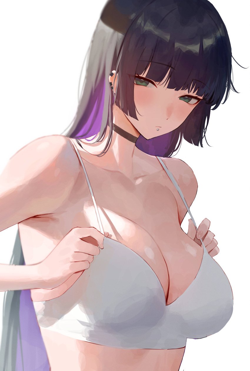 absurdres alternate_costume backlighting bare_shoulders black_hair blunt_bangs blush bocchi_the_rock! bra breasts choker cleavage collarbone colored_inner_hair female green_eyes highres labret_piercing large_breasts long_hair looking_at_viewer multicolored_hair pa-san purple_hair rororo solo underwear white_background white_bra