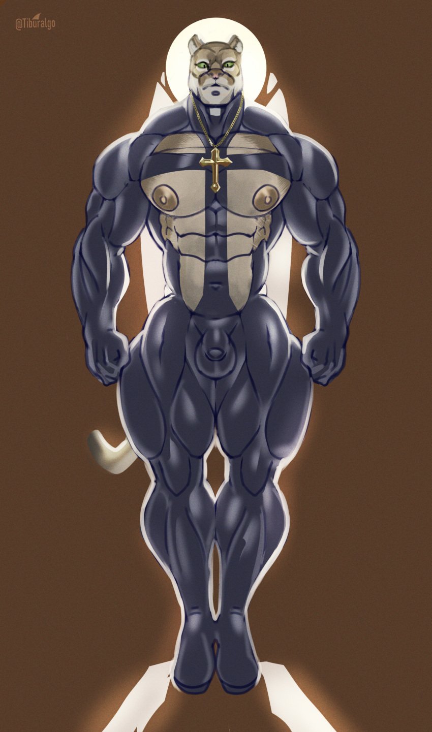 absurd_res age_difference anthro black_latex boots christian_symbol christianity clothing cougar felid feline front_view hi_res latex latex_clothing latex_skinsuit male mammal muscular muscular_anthro muscular_male nipples older_male pecs priest religion religious_themes skinsuit solo solo_focus stern_look tiburalgo tight_clothing