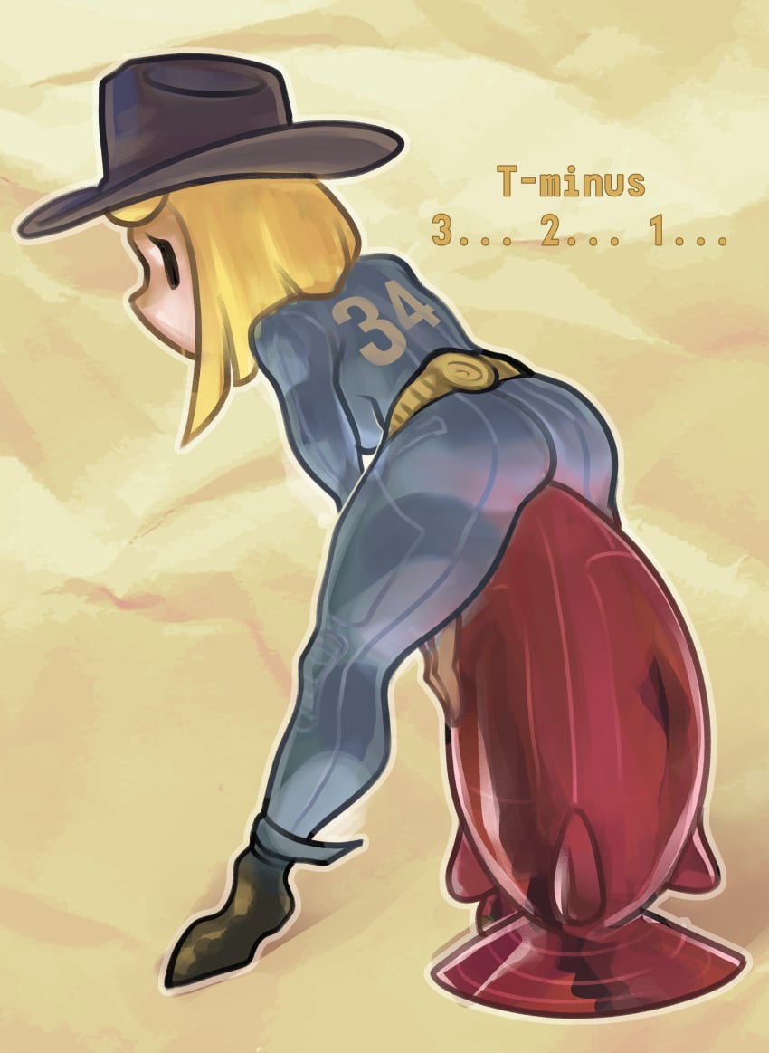 blonde_hair cowboy_hat dildo english_text fallout female large_dildo mob_face suggestive tagme text vault_girl vault_suit zoquete