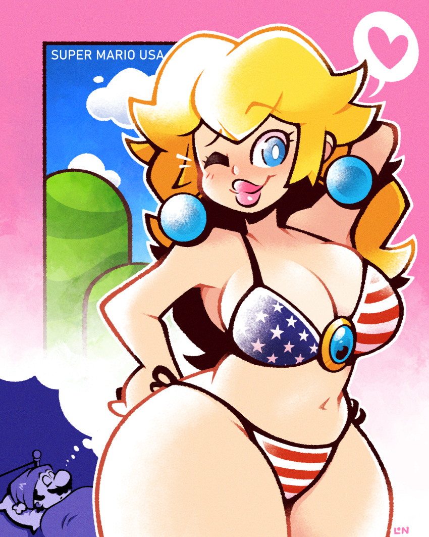 1boy 1girls american_flag_bikini bikini_bottom bikini_top blonde_hair blue_eyes curvy curvy_female curvy_figure dreaming earrings female legendofnerd male mario mario_(series) nintendo princess_peach super_mario_bros. super_mario_bros._2 swimsuit thick thick_thighs voluptuous voluptuous_female wide_hips