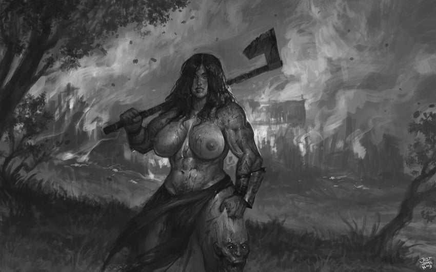 artistic_nude artistic_nudity background battle breasts_out digital_painting_(artwork) female female_focus female_only grayscale greyscale holding_weapon huge_breasts human_female justsomenoob large_breasts monochrome muscle_girl muscle_mommy muscular muscular_female nonsexual nonsexual_nudity pinup severed_head shirtless_female solo_female toned_female warrior