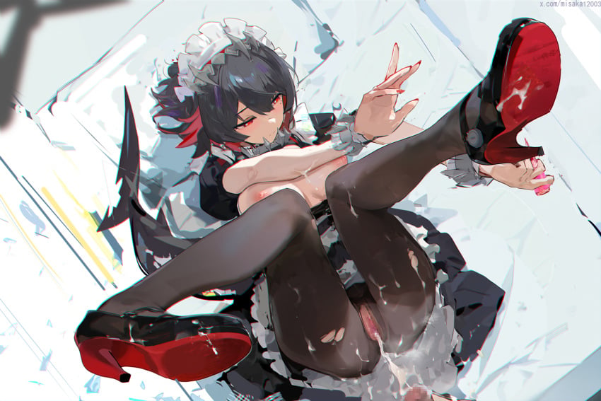 1boy after_sex after_vaginal black_dress black_hair black_pantyhose censored cum cum_in_pussy cum_string cumdrip dress ellen_joe female fins fish_tail from_above high_heels legs_up lying maid maid_headdress misaka_12003-gou mosaic_censoring nipples on_back pantyhose penis pussy red_eyes red_nails short_hair solo_focus straight tail torn_clothes torn_pantyhose twitter_username victoria_housekeeping zenless_zone_zero