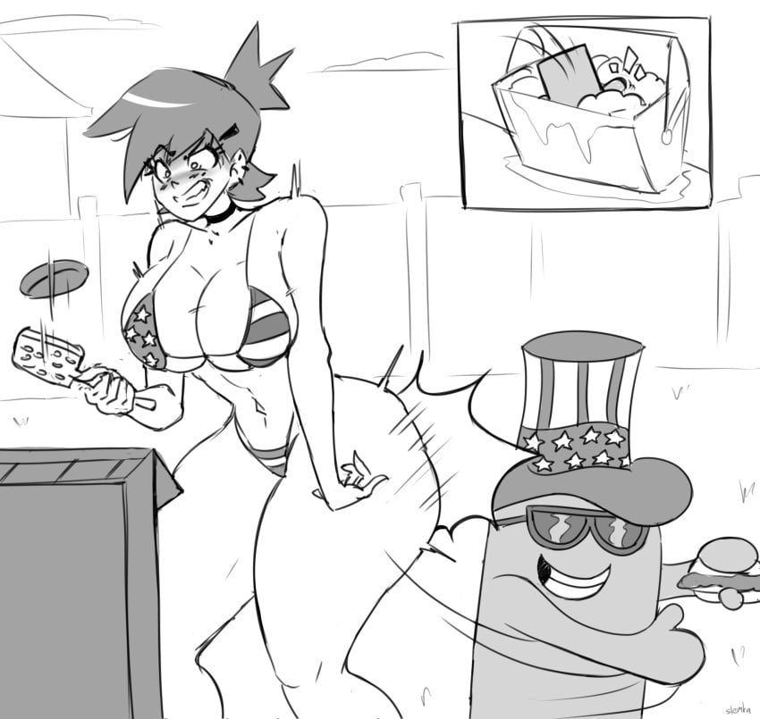 4th_of_july american_flag_bikini bbq big_ass big_breasts black_and_white bloo cartoon_network food foster's_home_for_imaginary_friends frankie_foster grilling hotdog large_ass large_breasts outdoors public slemka spanking sunglasses thick_thighs wide_hips