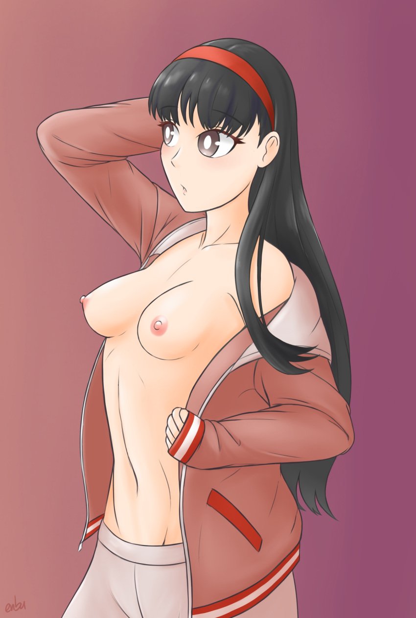 1girls amagi_yukiko areola areolae artist_signature atlus black_hair black_hair_female breasts breasts_out clothed clothed_female clothing enbu exposed exposed_breasts female female_focus female_only hi_res highres jacket light-skinned_female light_skin long_hair long_hair_female megami_tensei nipples open_shirt partially_clothed partially_clothed_female persona persona_4 red_background sega simple_background small_breasts solo solo_female solo_focus sweatpants tagme upper_body