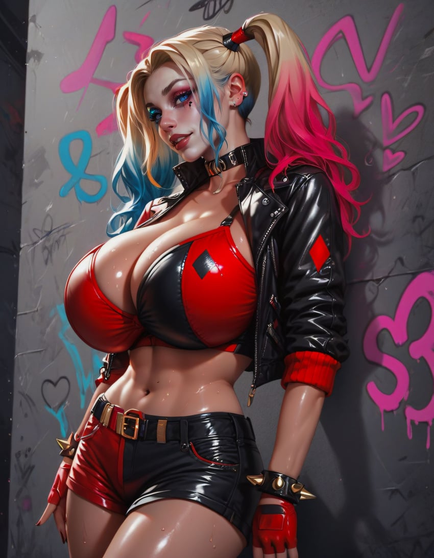 1girls ai_generated big_breasts blonde_hair blue_eyes breasts harley_quinn harley_quinn_(series) huge_breasts long_hair looking_at_viewer loraxxl_(artist) solo thighs twintails