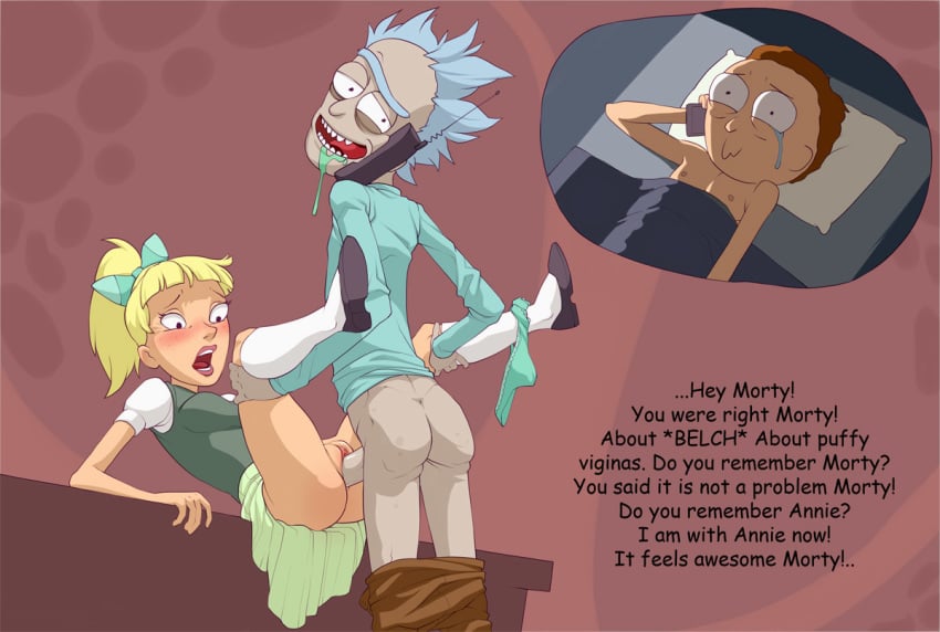 1girls 2boys age_difference annie_(rick_and_morty) ass bangs bed blonde_hair blue_eyes blush breasts clothed_sex crying crying_with_eyes_open cucked_by_grandfather drooling english_text fat_mons female green_skirt grey_skin hair heavy_blush hetero high_ponytail in_bed kotaotake leg_grab lips male maledom morty_smith multiple_boys netorare ntr old_man older_man_and_teenage_girl open_mouth pale_skin panties panties_around_leg pants_down perky_breasts pillow platinum_blonde_hair ponytail pussy rick_and_morty rick_sanchez sex shoes short_sleeves small_breasts socks straight sweater_vest talking_on_phone tears text tied_hair uncensored vaginal vaginal_penetration vaginal_sex white_shirt white_socks