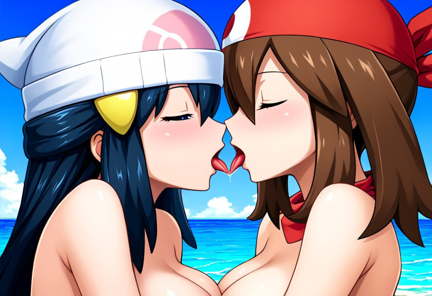 2girls ai_generated big_breasts bikini blue_eyes blue_hair brown_hair civitai dawn_(pokemon) french_kiss headwear kissing kissing large_breasts lesbian_kiss may_(pokemon) pokemon tongue_kiss yuri