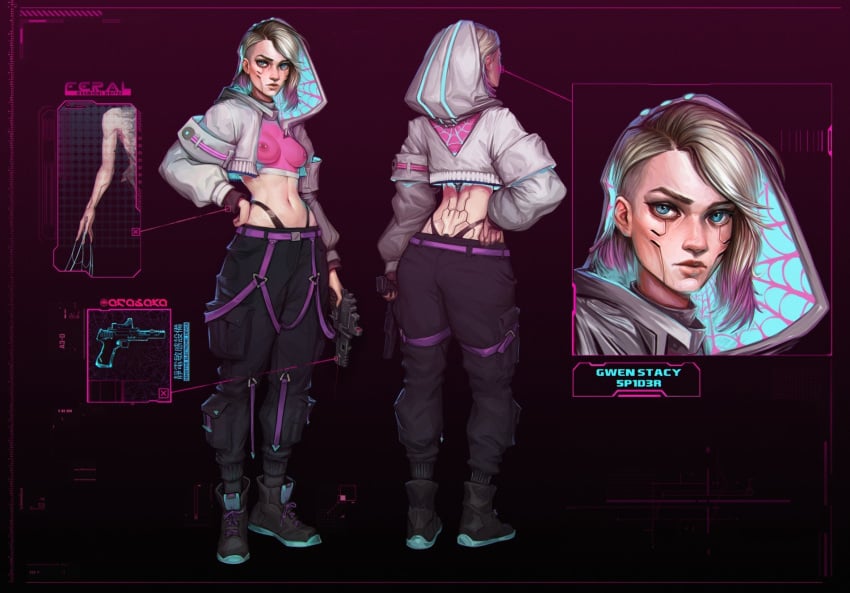 1girls abs blonde_hair boots cargo_pants character_sheet clothed crop_top cropped_jacket crossover cybernetics cyberpunk cyberpunk_2077 dyed_hair gun gwen_stacy hood knightofcydonia neon_lights nipple_bulge nipple_piercing nipples_visible_through_clothing see-through see-through_clothing short_hair solo spider-gwen spider-man:_across_the_spider-verse spider-man:_into_the_spider-verse spider-man_(series) tactical_gear thong thong_straps