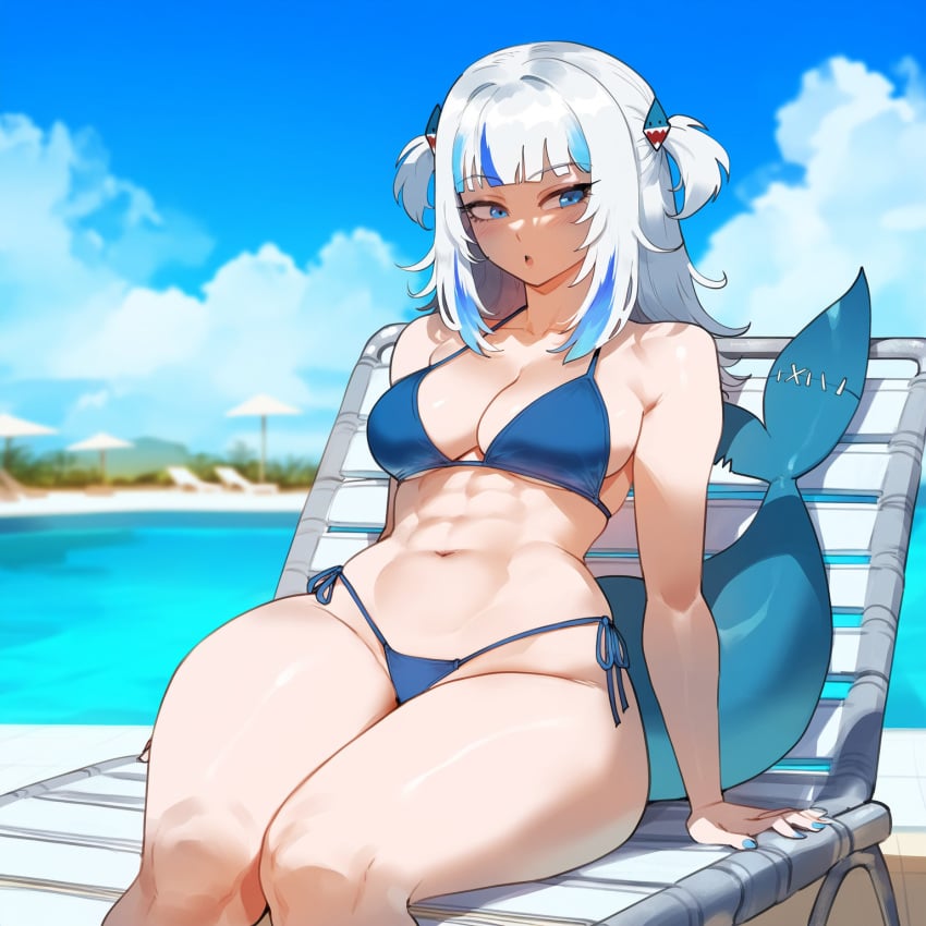 ai_generated beach_chair bikini blue_eyes blue_hair cleavage creamy_ai curvy female_only gawr_gura hololive hololive_english medium_breasts multicolored_hair shark_tail sitting thick_thighs virtual_youtuber white_hair wide_hips
