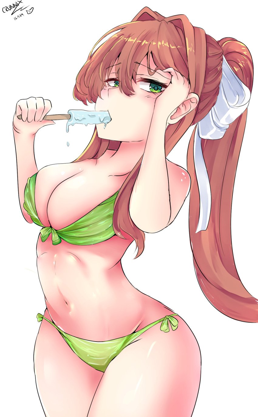 2019 5_fingers breasts cleavage crunnix doki_doki_literature_club green_eyes hair_intakes long_hair monika_(doki_doki_literature_club) navel popsicle popsicle_in_mouth swimsuit swimwear