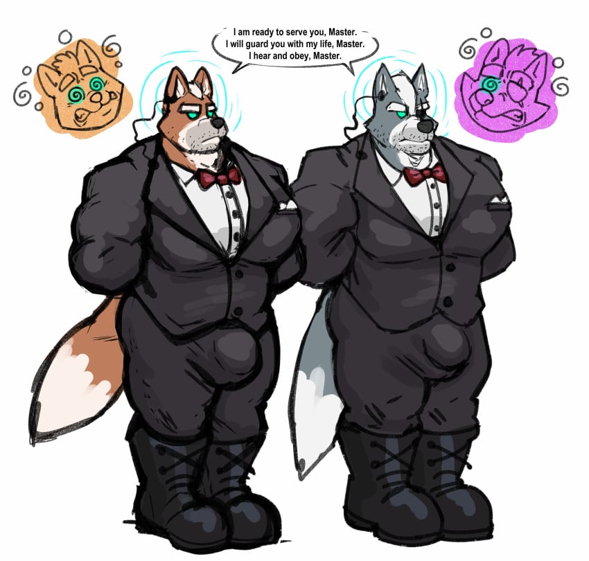 2022 absurd_res anothermeekone anthro at_attention big_bulge biped black_boots black_clothing black_footwear black_nose bodyguard boots bow_tie brainwashing bulge canid canine canis clothed clothing dialogue digital_media_(artwork) dipstick_tail duo english_text facial_hair footwear fox fox_mccloud fur green_eyes grey_body grey_fur hands_behind_back hi_res hypnosis male male_only mammal markings mind_control multicolored_body multicolored_fur muscular muscular_anthro muscular_male nintendo red_bow_tie simple_background speech_bubble spiral spiral_eyes star_fox suit tail tail_markings teeth text two_tone_body two_tone_fur white_body white_fur wolf wolf_o'donnell