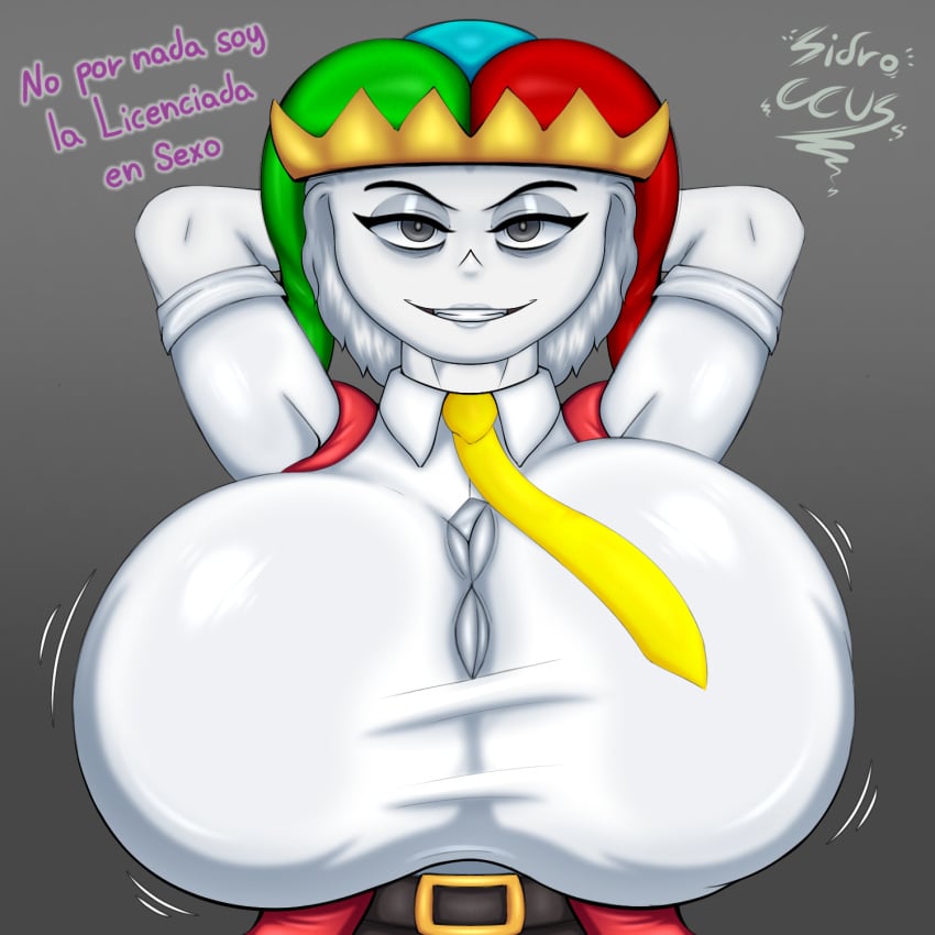 1female 1girls 2024 2d 2d_(artwork) background bags_under_eyes big_breasts breasts_bigger_than_head bursting_clothes clothed clothes clothing clown clown_girl curvy curvy_body curvy_female curvy_figure dialogue eyelashes eyeshadow female female_only feminine formal formal_clothes formal_wear gray_eyes huge_breasts jester jester_hat lips looking_at_viewer massive_breasts motion_lines oc office_lady original_character rule_63 seductive seductive_eyes seductive_look seductive_smile sidroccus smile smiling_at_viewer spanish_dialogue spanish_text stretched_clothing suit tagme text tie tight_clothes tight_clothing voluptuous voluptuous_female white_body white_hair white_skin