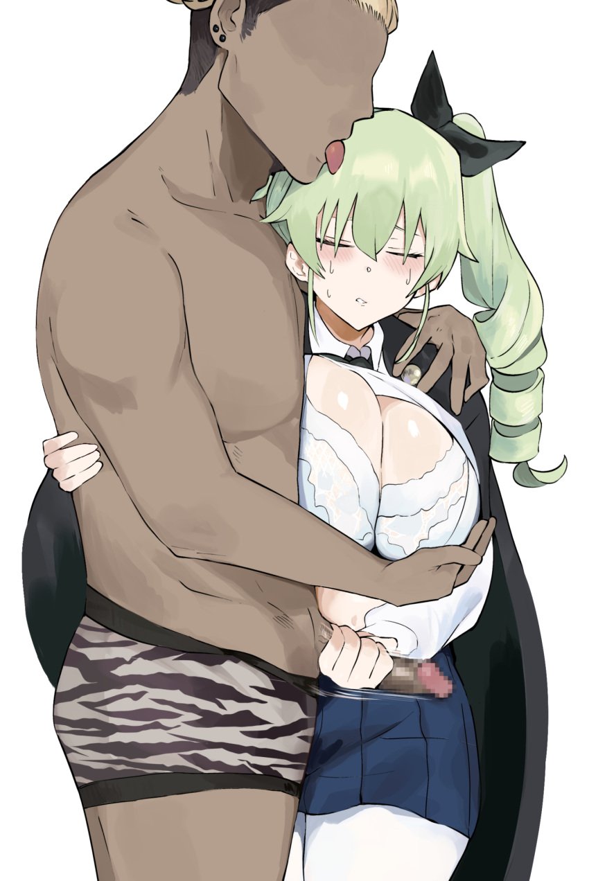 1boy anchovy_(girls_und_panzer) black_ribbon blush breasts cape censored cleavage closed_eyes drill_hair faceless faceless_male female girls_und_panzer grabbing green_hair hair_ribbon handjob highres hug huge_breasts licking_another&#039;s_hair long_hair miniskirt mosaic_censoring pantyhose penis pleated_skirt ribbon shirt simple_background skirt standing straight sweat twin_drills twintails uniform unipiano white_background white_shirt