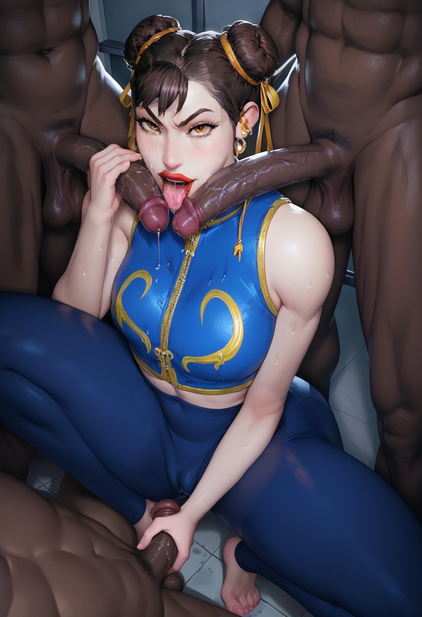 1girls 3boys ai_generated chun-li dark-skinned_male dark_skin fellatio handjob interracial looking_at_viewer minority saliva street_fighter street_fighter_6 tongue tongue_out