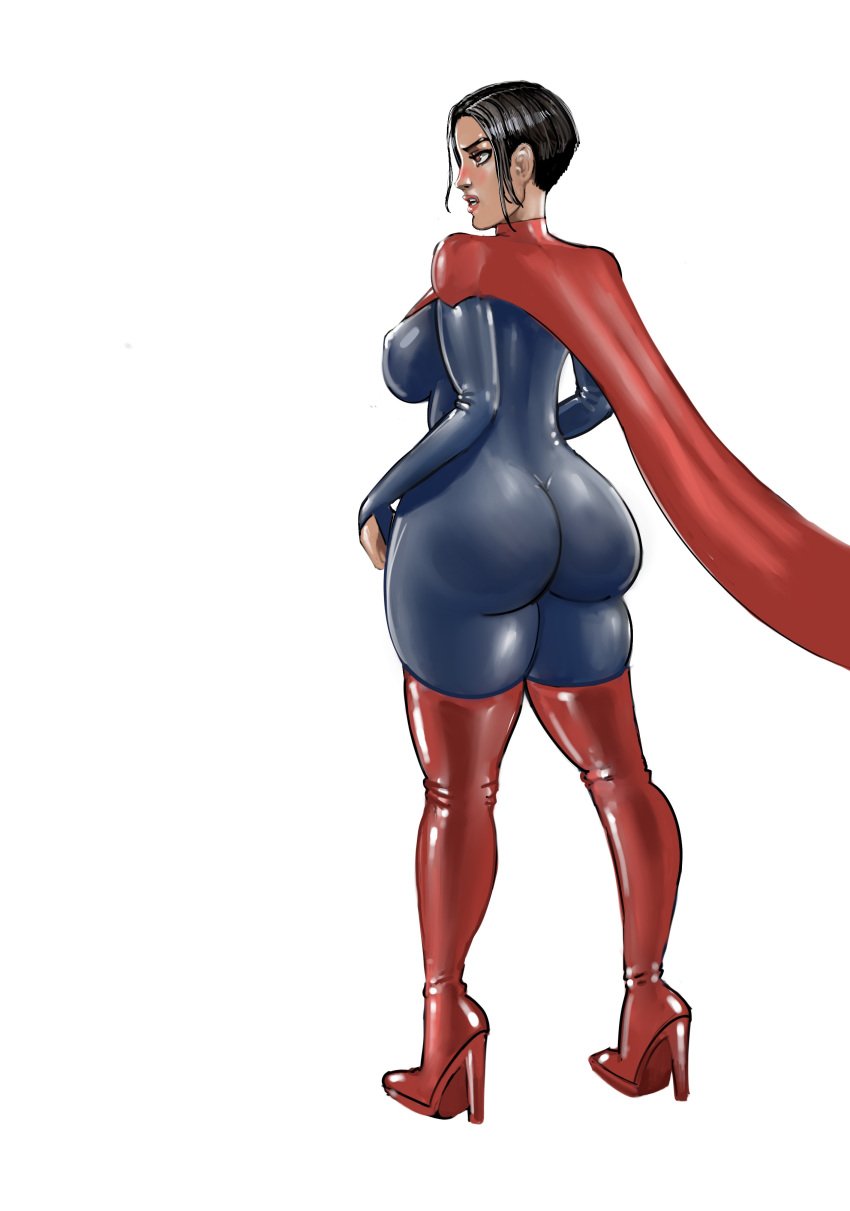 1girls big_ass big_breasts black_hair bodysuit cape dc dc_comics female fit fit_female iron_doomer latex latex_bodysuit latex_suit sasha_calle short_hair skintight skintight_bodysuit supergirl supergirl_(sasha_calle) the_flash_(2023) thick_ass thick_thighs tomboy