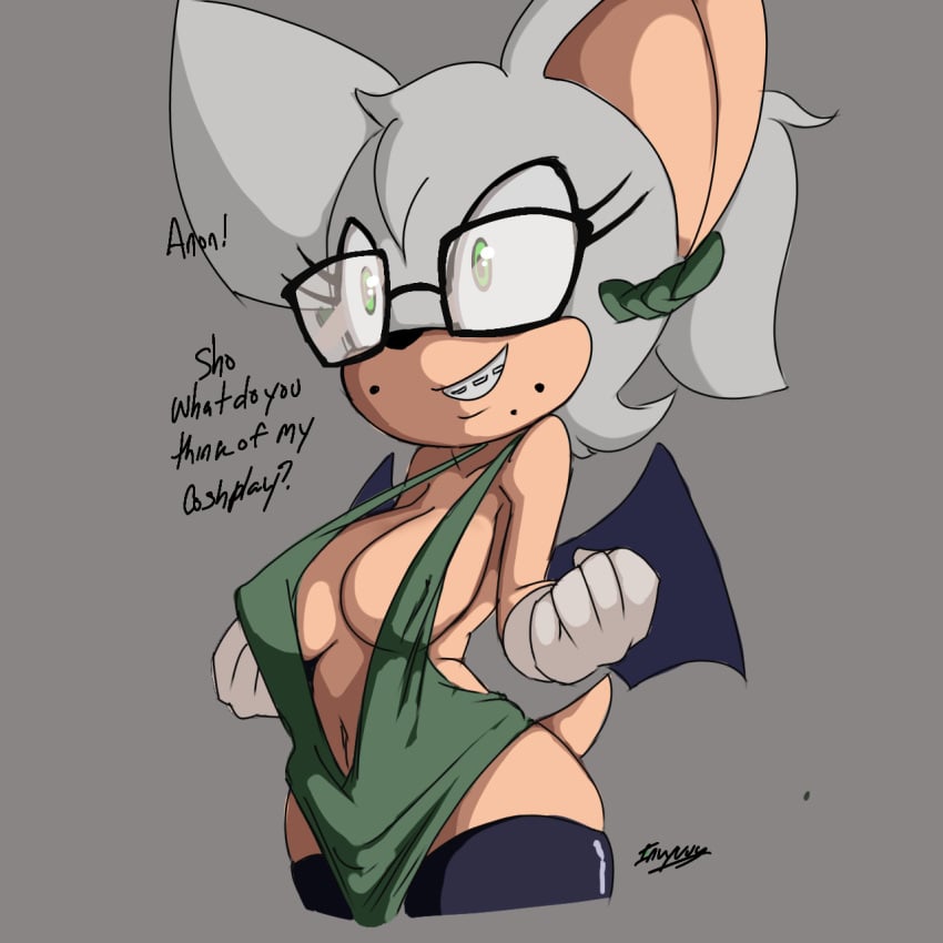 1girls anthro bat bat_wings braces chiropteran cosplay female glasses green_eyes grey_background inuyuru mobian_(species) nerdy_female rouge_the_bat smile sonic_(series) sonic_the_hedgehog_(series) tagme white_hair wings