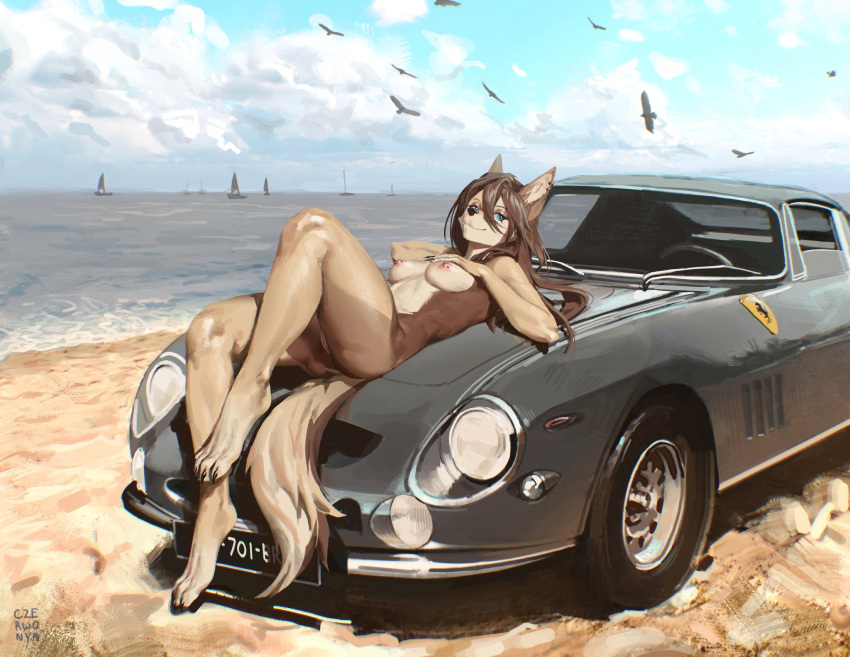ambient_bird anthro beach breasts canid canine car czerwonya detailed_background female genitals hi_res lying mammal nipples nude on_back pussy solo vehicle