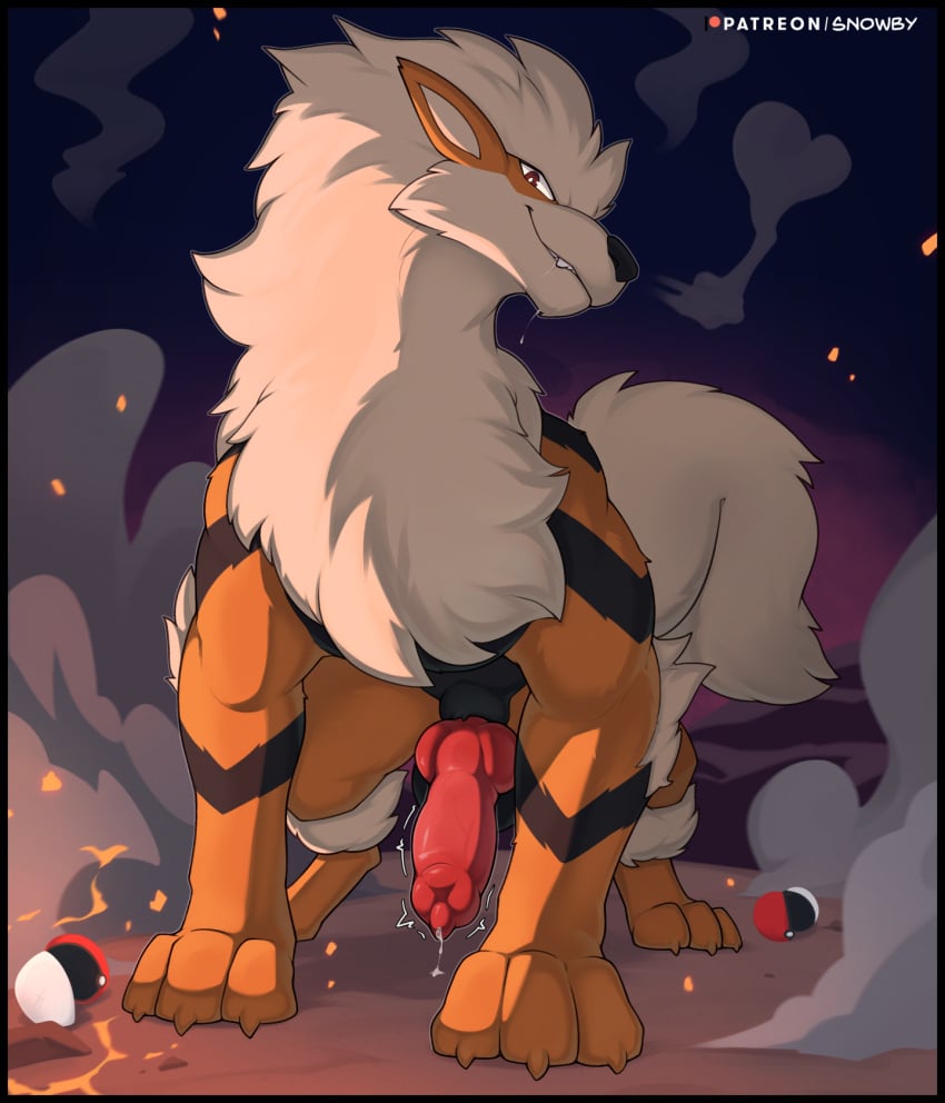 2024 3_toes animal_genitalia animal_penis anthro arcanine bodily_fluids canine_genitalia canine_penis dripping erection feet feral front_view fur generation_1_pokemon genital_fluids genitals hi_res knot leaking_precum looking_at_viewer male mane nintendo orange_body orange_fur penis pokeball pokemon pokemon_(species) precum precum_drip red_eyes simple_background smile ssssnowy standing striped_body striped_fur stripes tail teeth toes