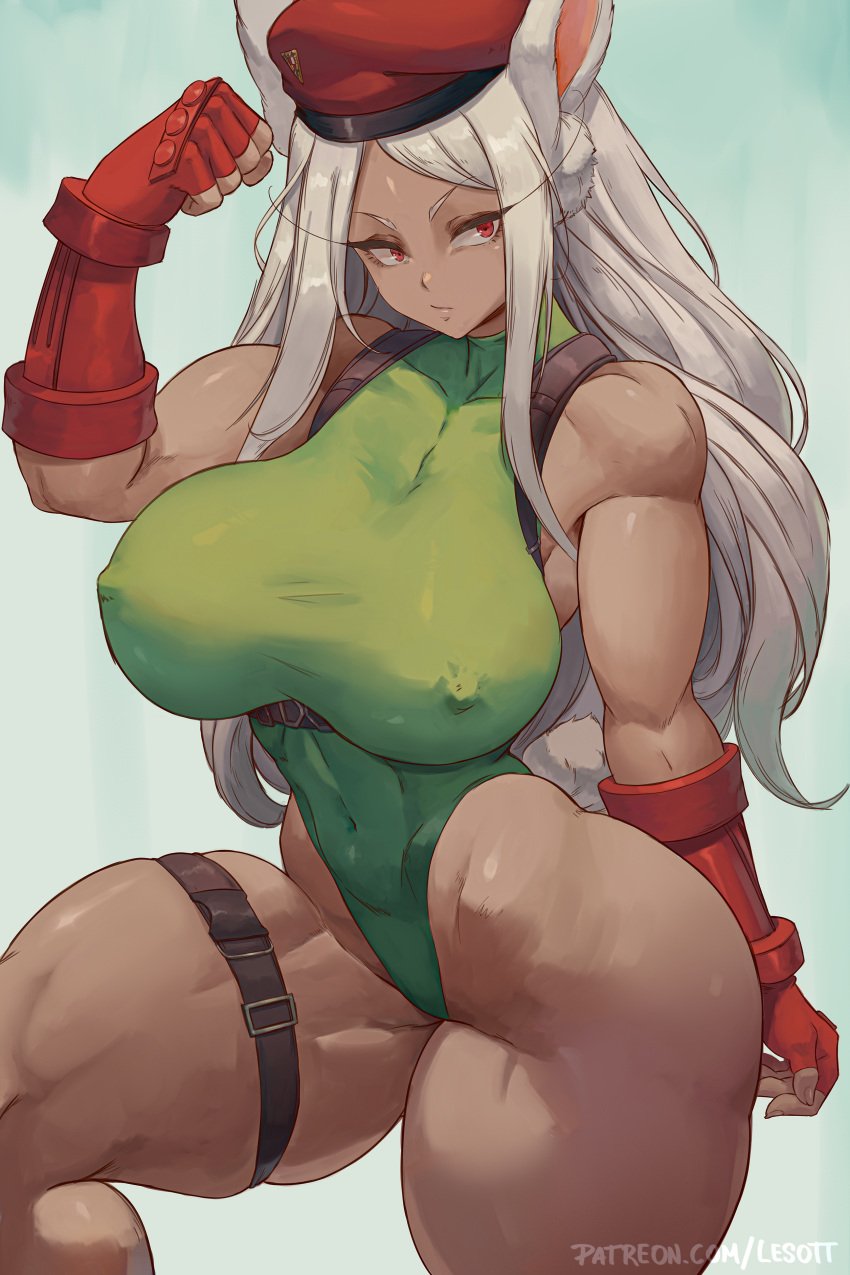 1girls breasts cammy_white_(cosplay) capcom cosplay dark-skinned_female dark_skin female hi_res huge_breasts lesottart long_hair miruko my_hero_academia rabbit_ears red_eyes rumi_usagiyama street_fighter white_hair