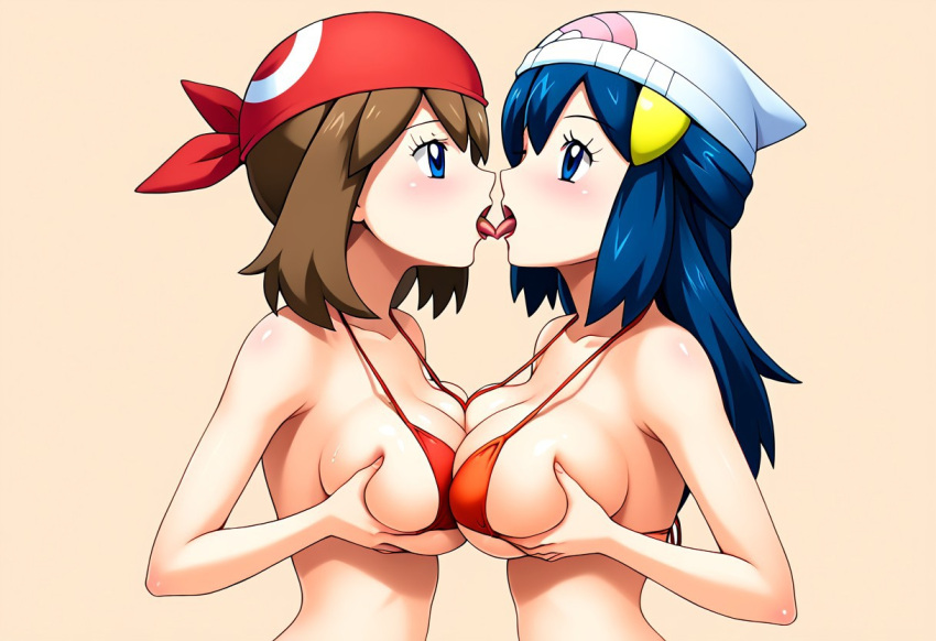 2girls ai_generated big_breasts bikini blue_eyes blue_hair brown_hair civitai dawn_(pokemon) french_kiss headwear kissing kissing large_breasts lesbian_kiss may_(pokemon) pokemon tongue_kiss yuri