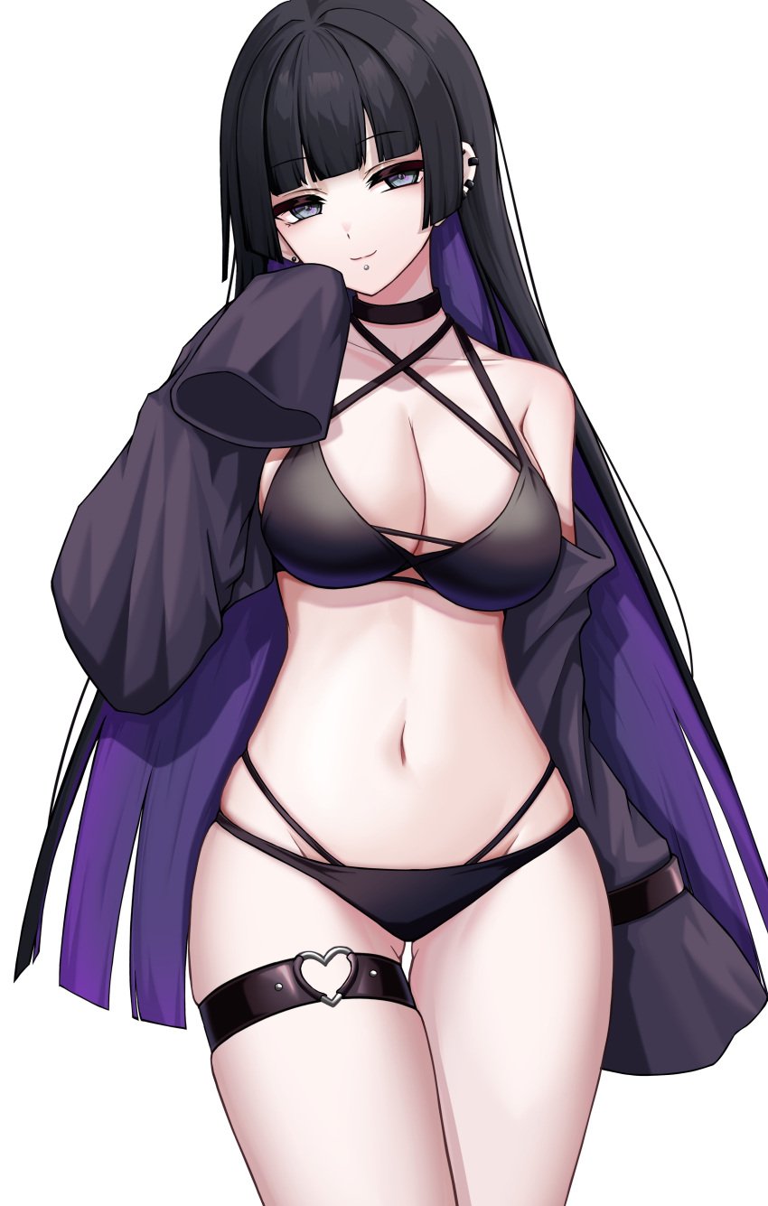 absurdres ass_visible_through_thighs bare_shoulders bikini black_bikini black_eyes black_hair blunt_bangs bocchi_the_rock! breasts choker cleavage closed_mouth colored_inner_hair cowboy_shot criss-cross_halter detached_sleeves ear_piercing female groin halterneck hand_up highres kushinaka labret_piercing large_breasts long_hair looking_at_viewer mouth_piercing multi-strapped_bikini multicolored_hair navel pa-san piercing sidelocks simple_background skindentation smile solo swimsuit thigh_strap white_background